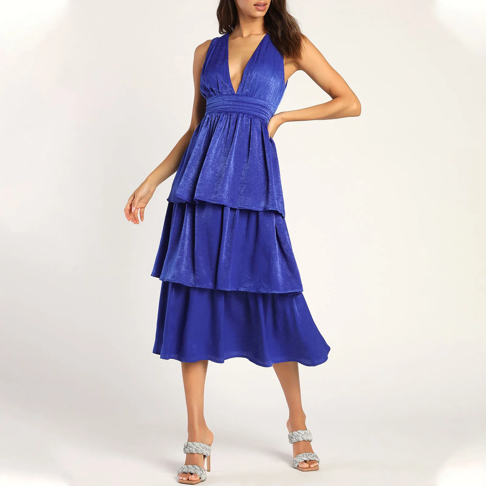 Elegante Vestido Midi Cetim Feminino, Monocromático, Sem Mangas, Decote V, Ruffle em Camadas, Festa Noturna, Coquetel Clube