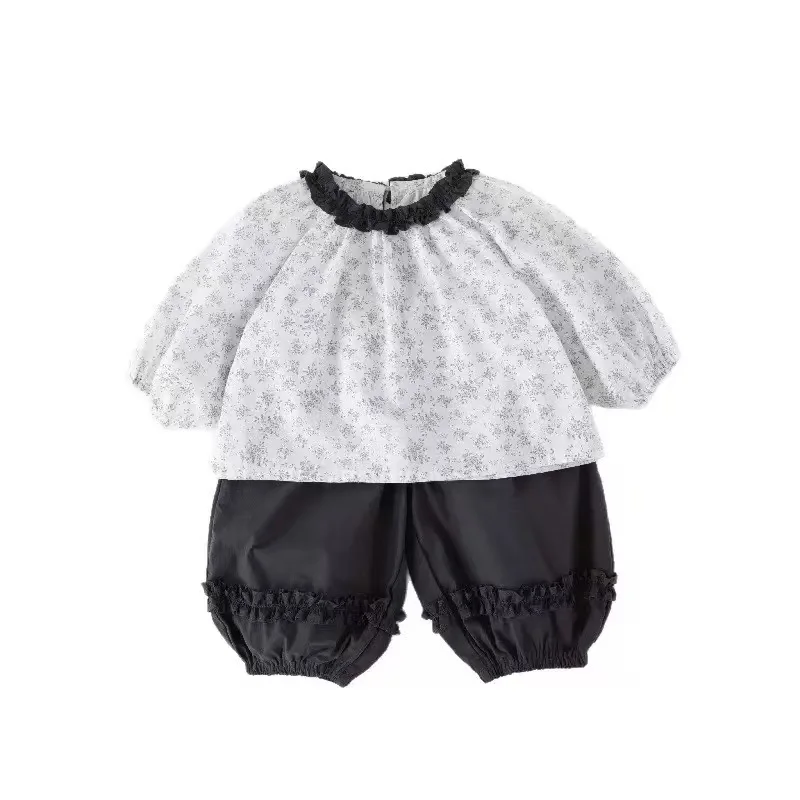 Girls' Fashion New Style Children's Forest style Fragrant Flower Ear Collar Shirt+Pants 2-piece Set Spring and Autumn Set