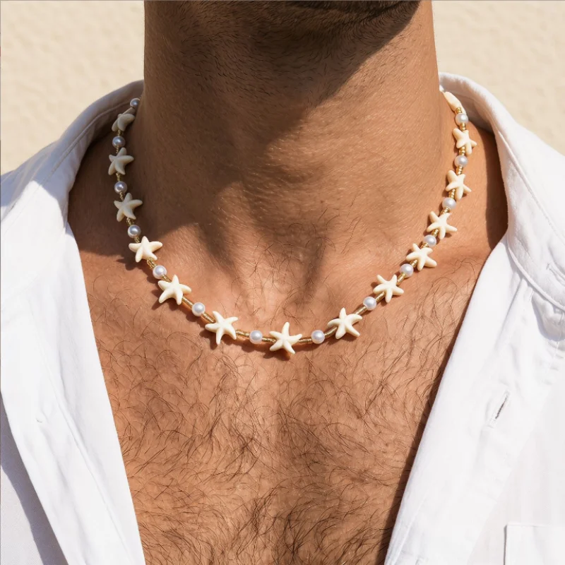 Boho Cream Wind Starfish Imitation Pearl Choker Necklace for Men Trend Goth Adjustable Clavicle Chain Surfers Beach Jewelry