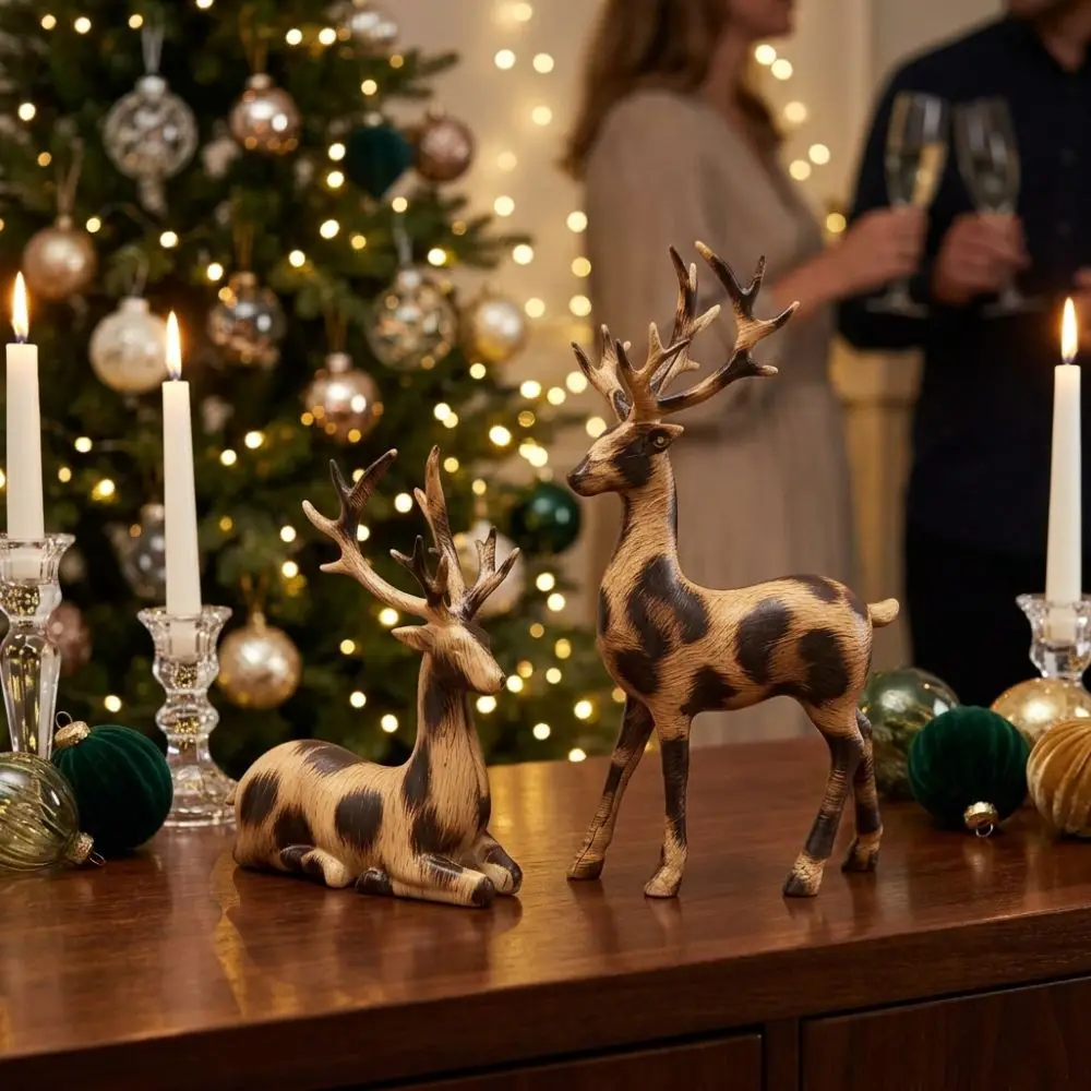 1 Pair Vintage Christmas Deer Figurine Realistic Sitting/Standing Position Deer Desktop Statue 3D Crafts Plastic Deer Sculpture