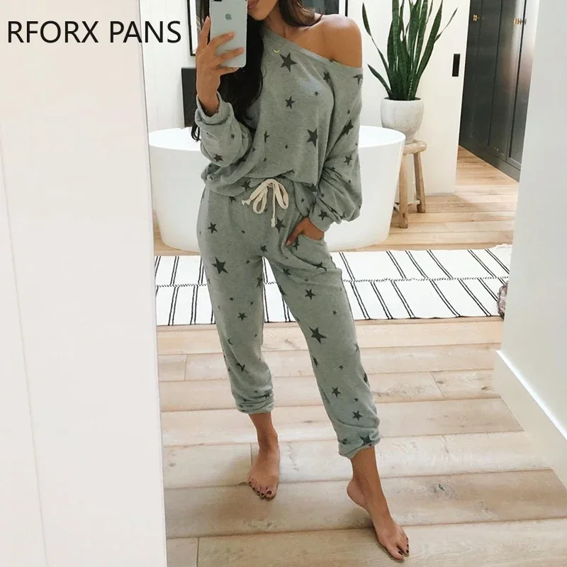 

Women long SleeveStars Print Casual Top & Pant Set Two Piece Set Top and Pants Pajamas Set