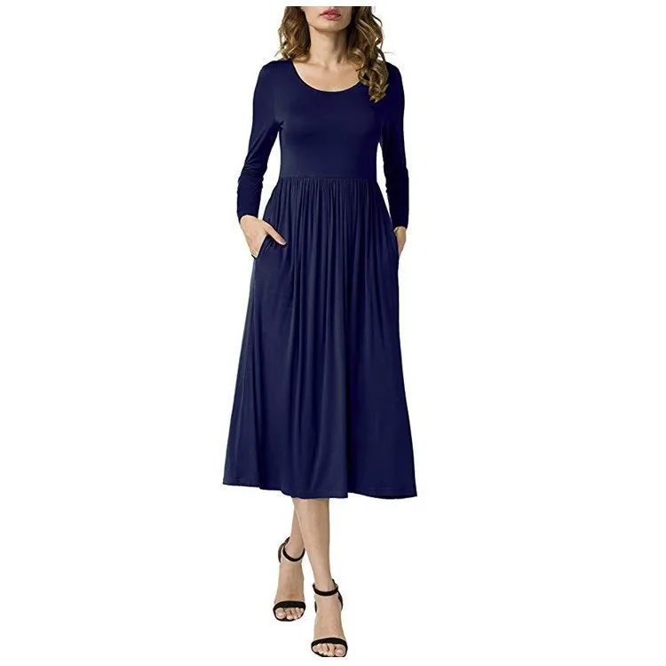 Women's 2024 Long Sleeve Scoop Neck Dress Casual Loose A Line Midi Dresses with Pockets  Maxi Dresses for Women