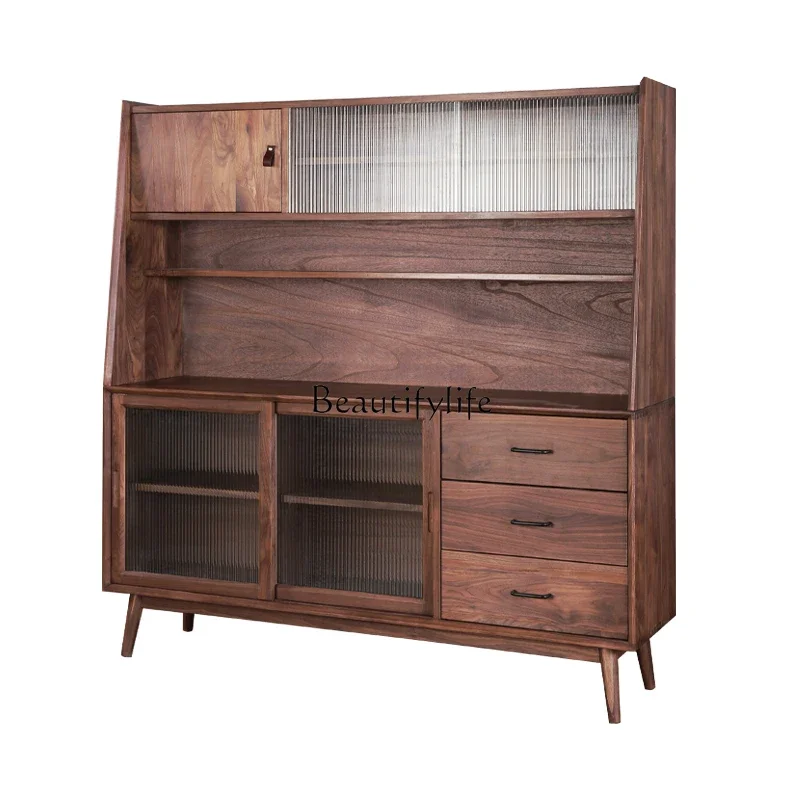 

05-Black walnut solid wood dining side cabinet wine cabinet integrated against the wall Nordic all solid wood