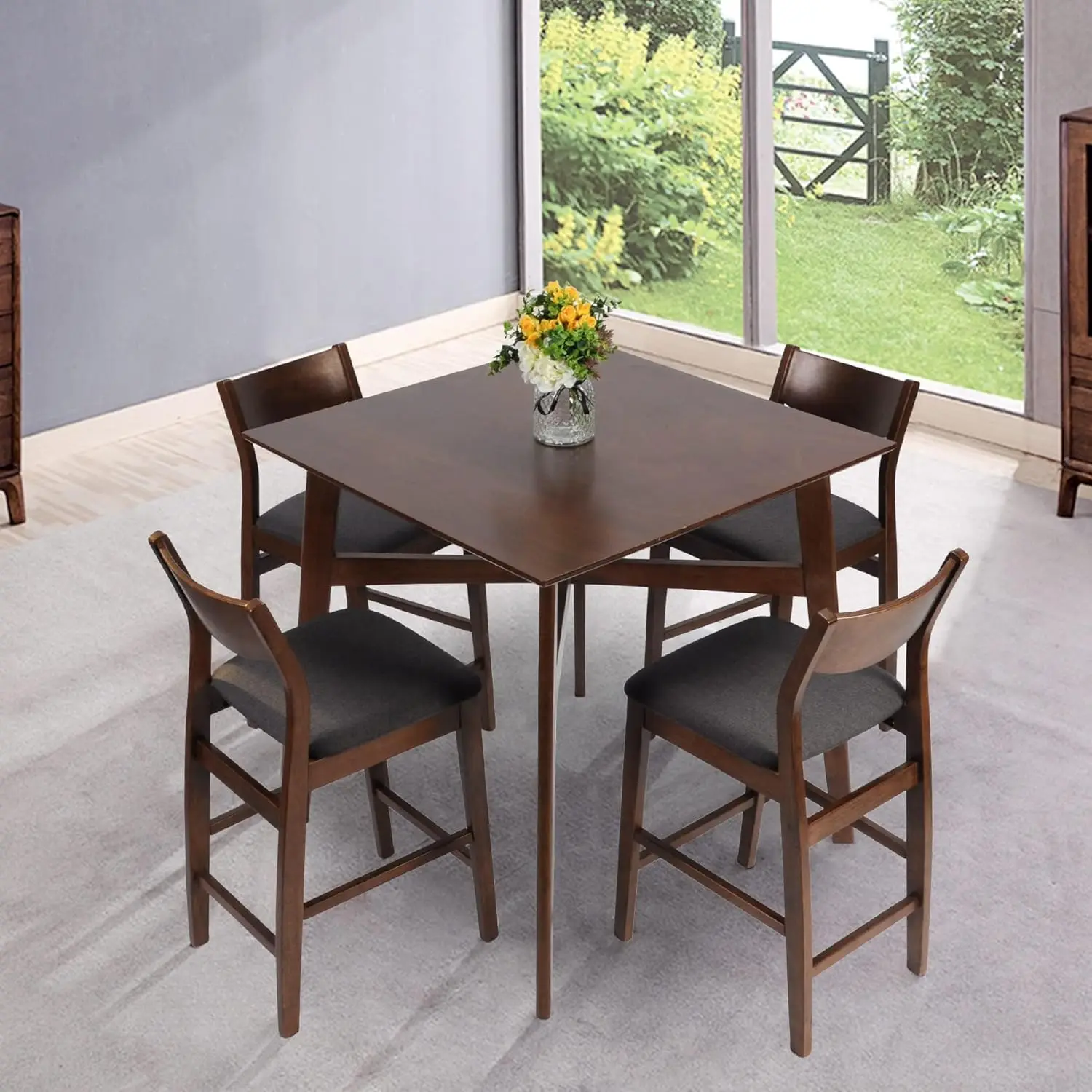Wood Counter Height Dining Sets for 4, Mid Century Kitchen Breakfast Table and Chairs Set, Rustic Pub High Table and Bar Stools