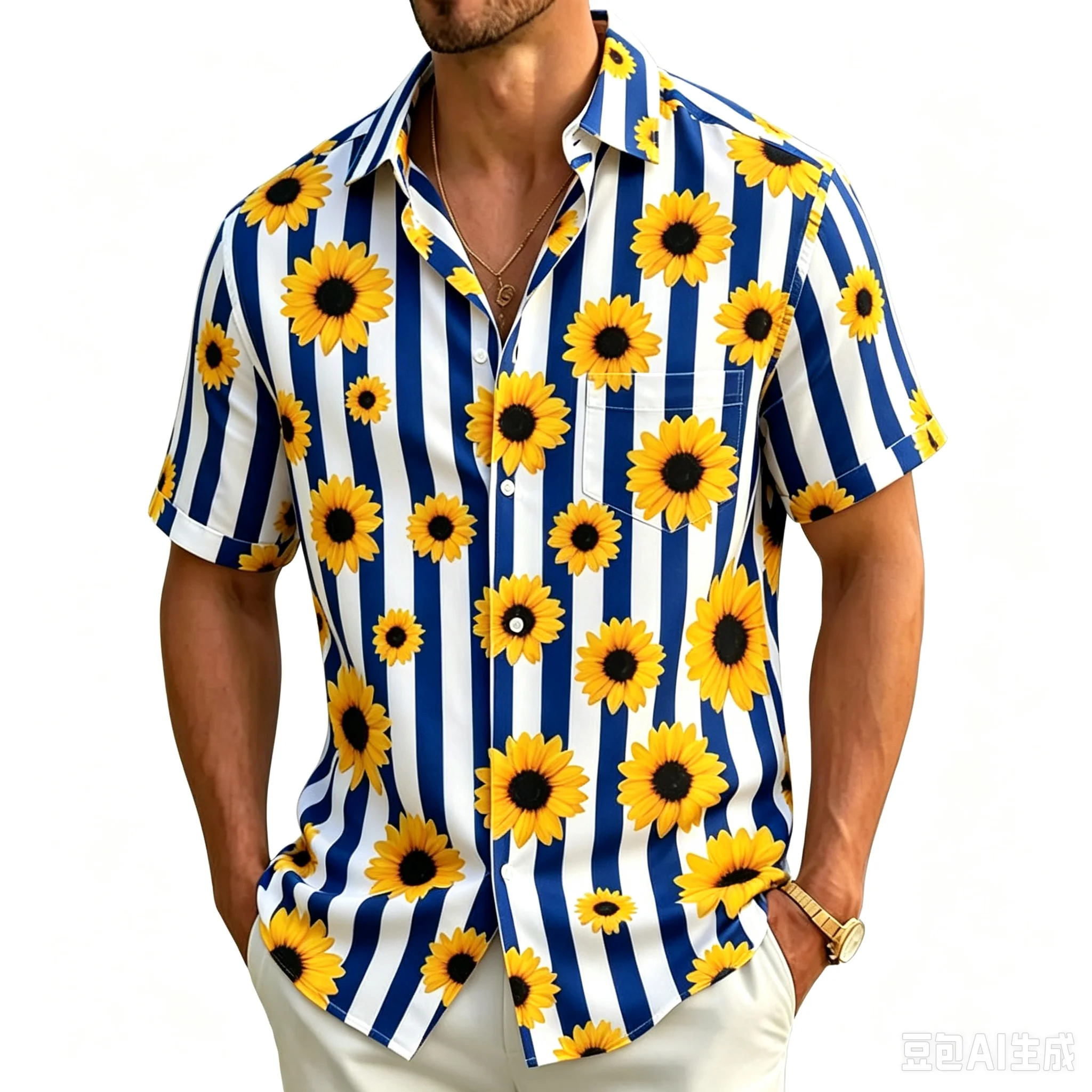 Men's Sunflower Print Vacation shirt, Short Sleeved Shirt With pockets, For Outdoor Activities And Romantic Floral aesthetics.