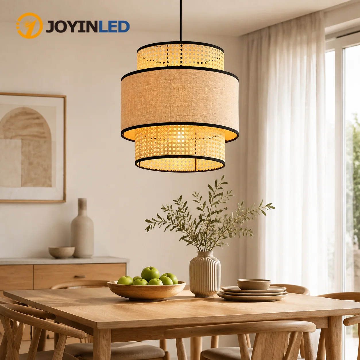 JOYINLED Modern Rattan Chandelier 40CM Woven Pendant Light, Handwoven Hanging Lamp E27 Ceiling Fixture for Bedroom Dining Room