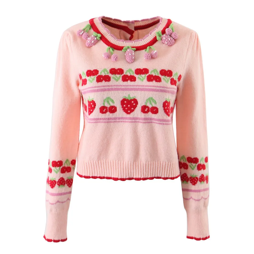 

2 style Wears Pink 3D Cherry Fruit Back Buttons Cropped Cardigan Woman O neck Puff Sleeve Knitted Sweater Knitwear