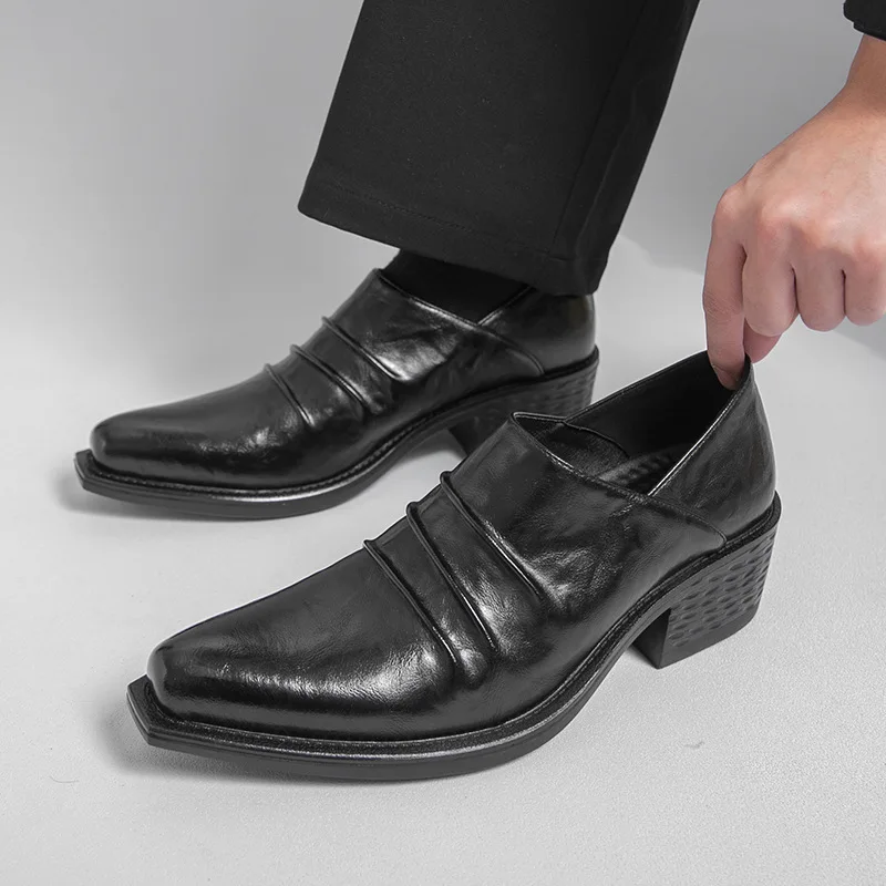 2026 Ruched Pointed Toe Chunky Heel Mens Dress Shoes Slip on Formal Business Office Shoes Vintage Casual Work Footwear Non-slip