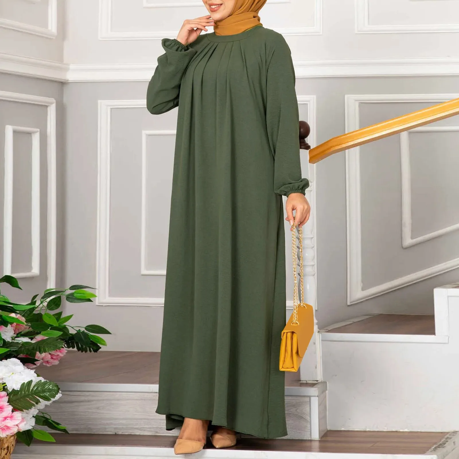 

Women's Solid Colour Casual Muslim Pleated Long Dresses Turkish Dresses Loose Elegant Prom Dresses Temperament Evening Dresses