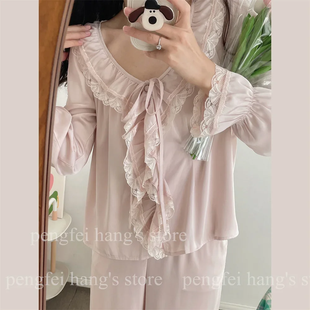 Lolita Princess Style Top&pants Ruffles Lace Trim Pajamas Set Women Satin 2Pcs Nightwear Loose Loungewear Homewear Sleepwear