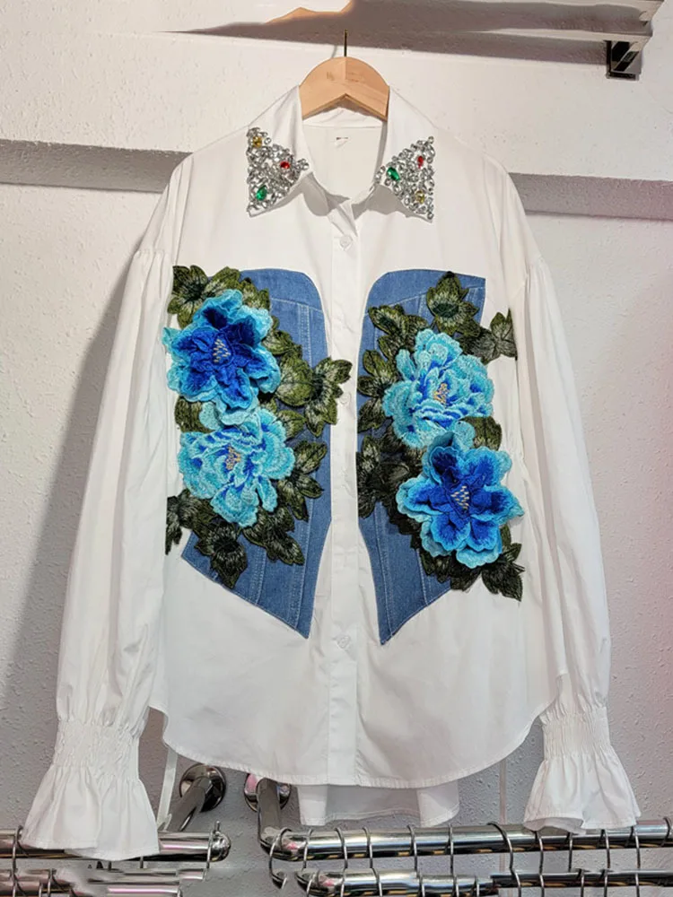 DEAT New Fashion Women\'s Diamonds Spliced Denim Flower Print Shirt 2024 Summer Trendy Lapel Long Sleeve Blouse Female 33A1242