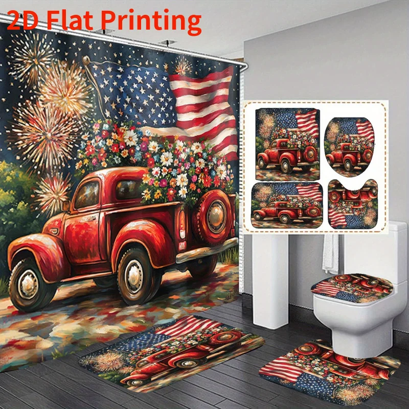 

Independence Day Shower Curtain Set Patriotic Red Truck Bathroom Toilet Cover American Flag Fireworks with Hooks