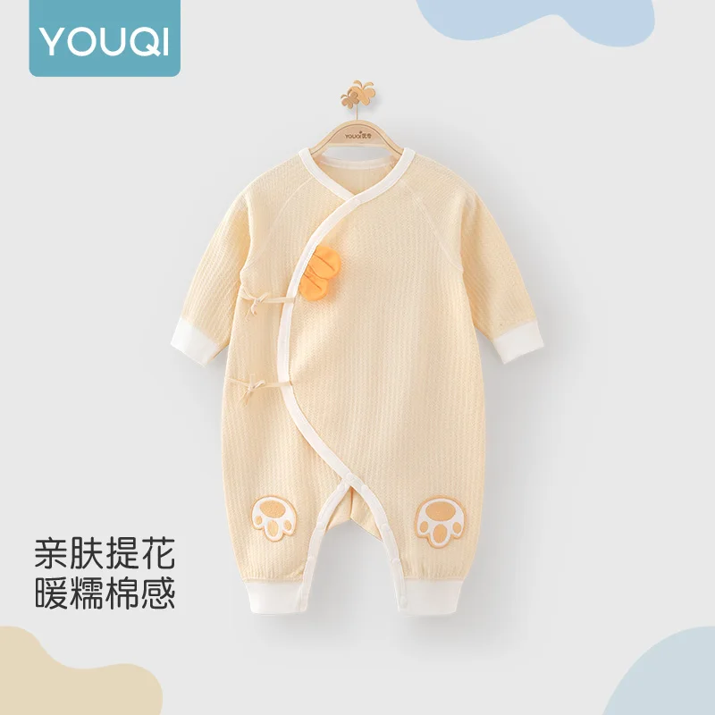

【Youqi】Chinese Baby Romper Spring and Autumn Pure Cotton Double-Layer Monk-Style Clothing Newborn Jumpsuit Crawling Suit