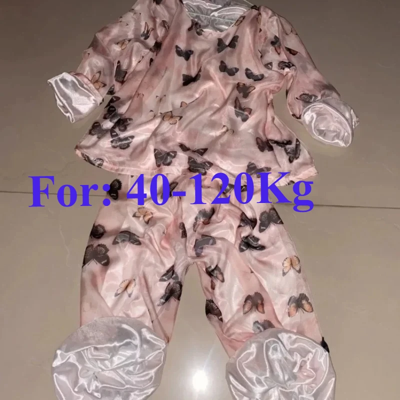 

Plus Size Double-Layer Glossy Floral Ice Silk Lined Top Pants Touch Glossy Set Women Long Sleeve Loose T-shirt Sleeping Trousers