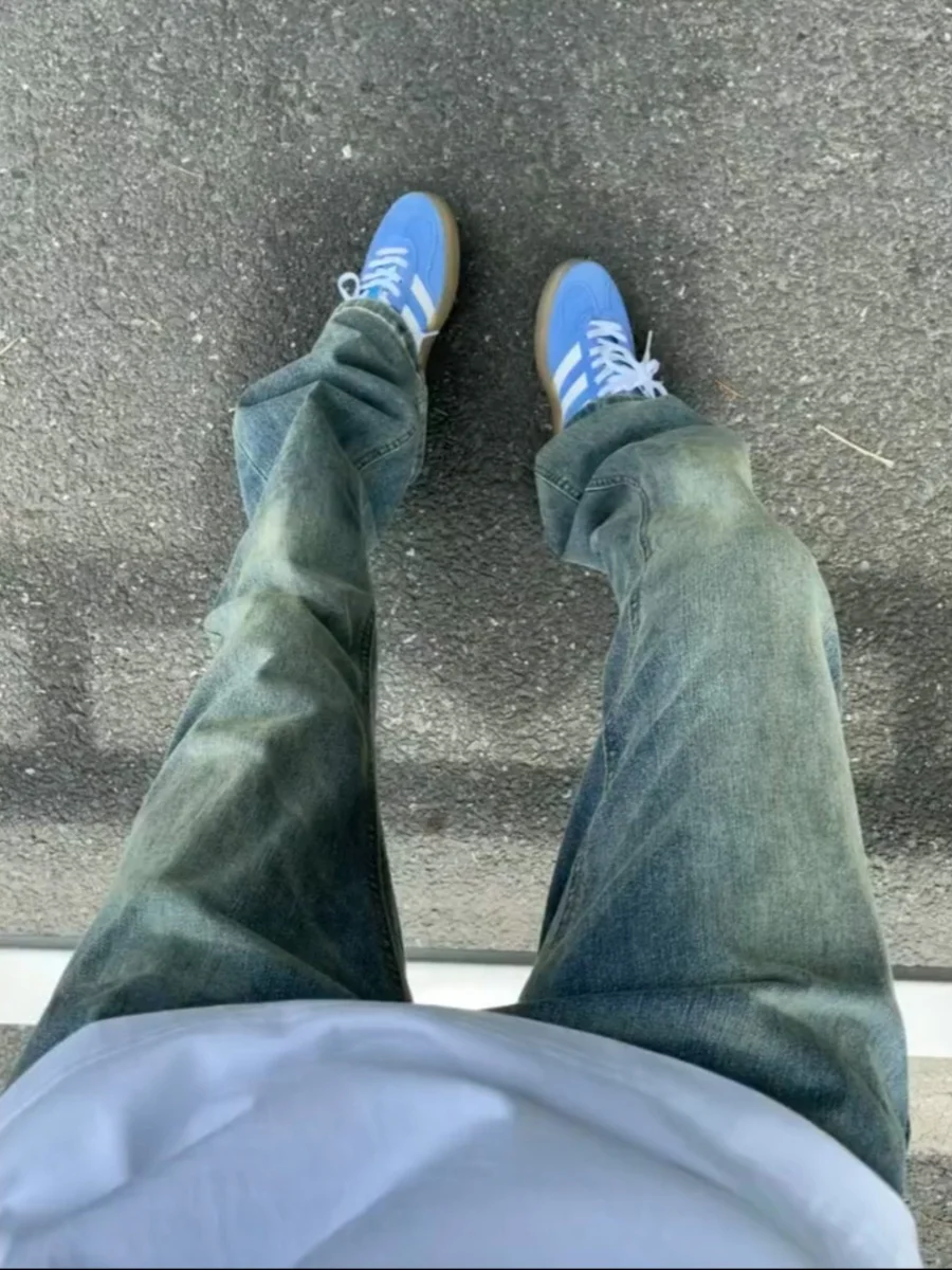 

Мужские летние джинсы-клеш в стиле ретро, синие, прямого кроя, средней посадки, из денима с эффектом потертости, в американском стиле High Street