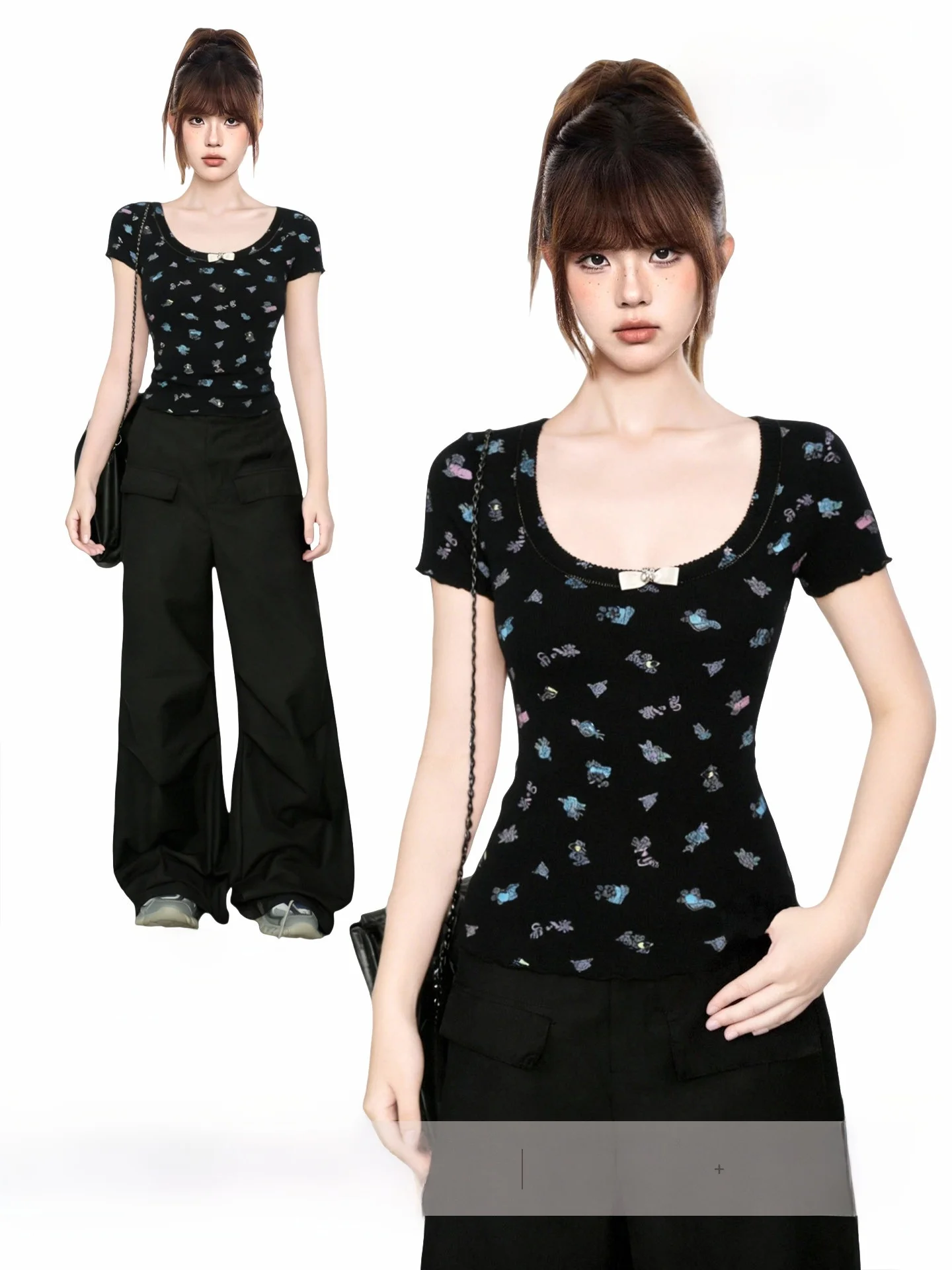 

Bla Floral Print Inteated oulder T-irt ort Sve with Chest Pad Spring Early Two-Piece Set Women's Faion Top