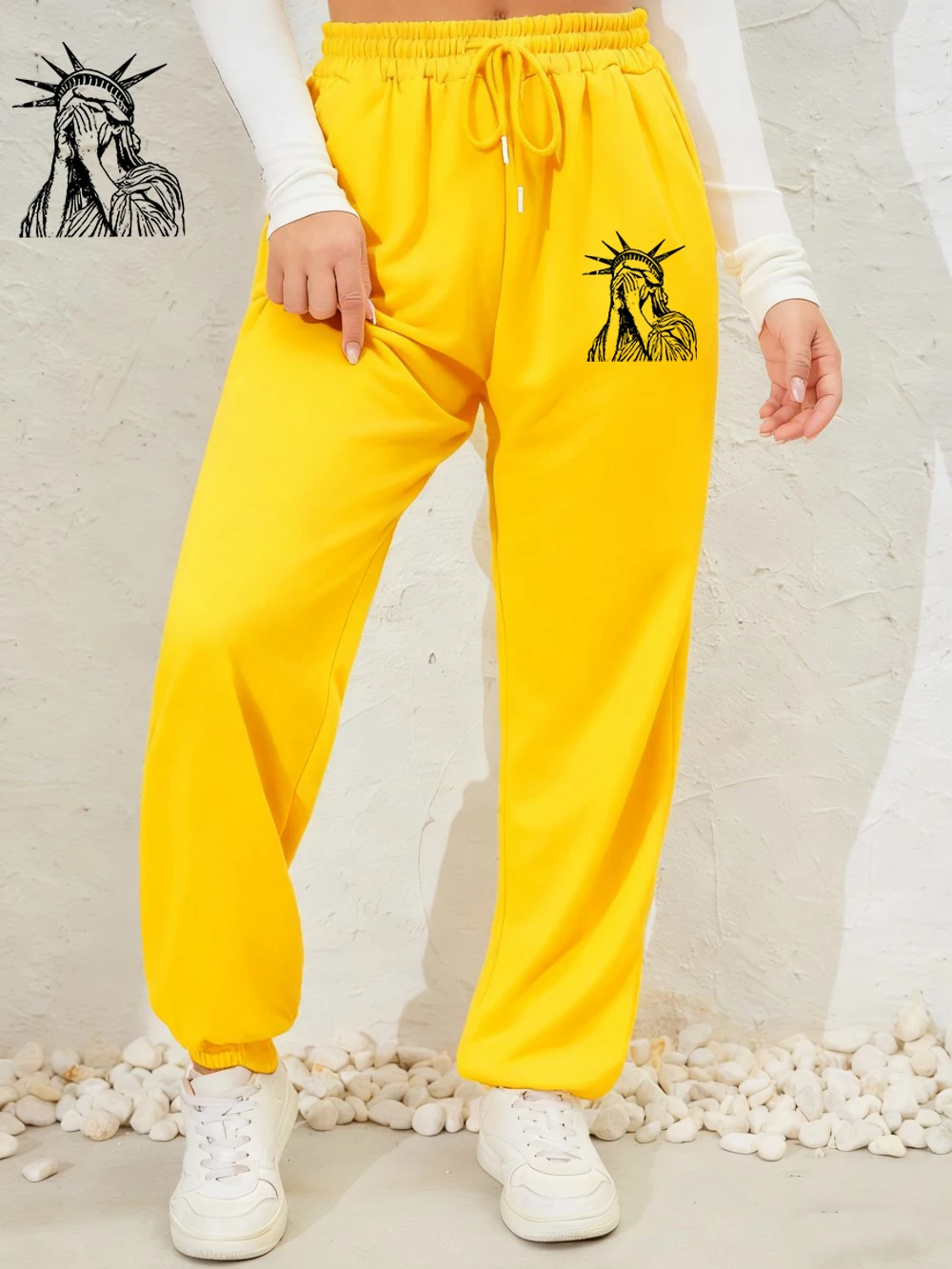 Facepalm تمثال الحرية الطباعة Sweatpants النساء أساسيات بنطال رياضي جيب دافئ الصوف بنطلون الخريف امرأة رياضية #1