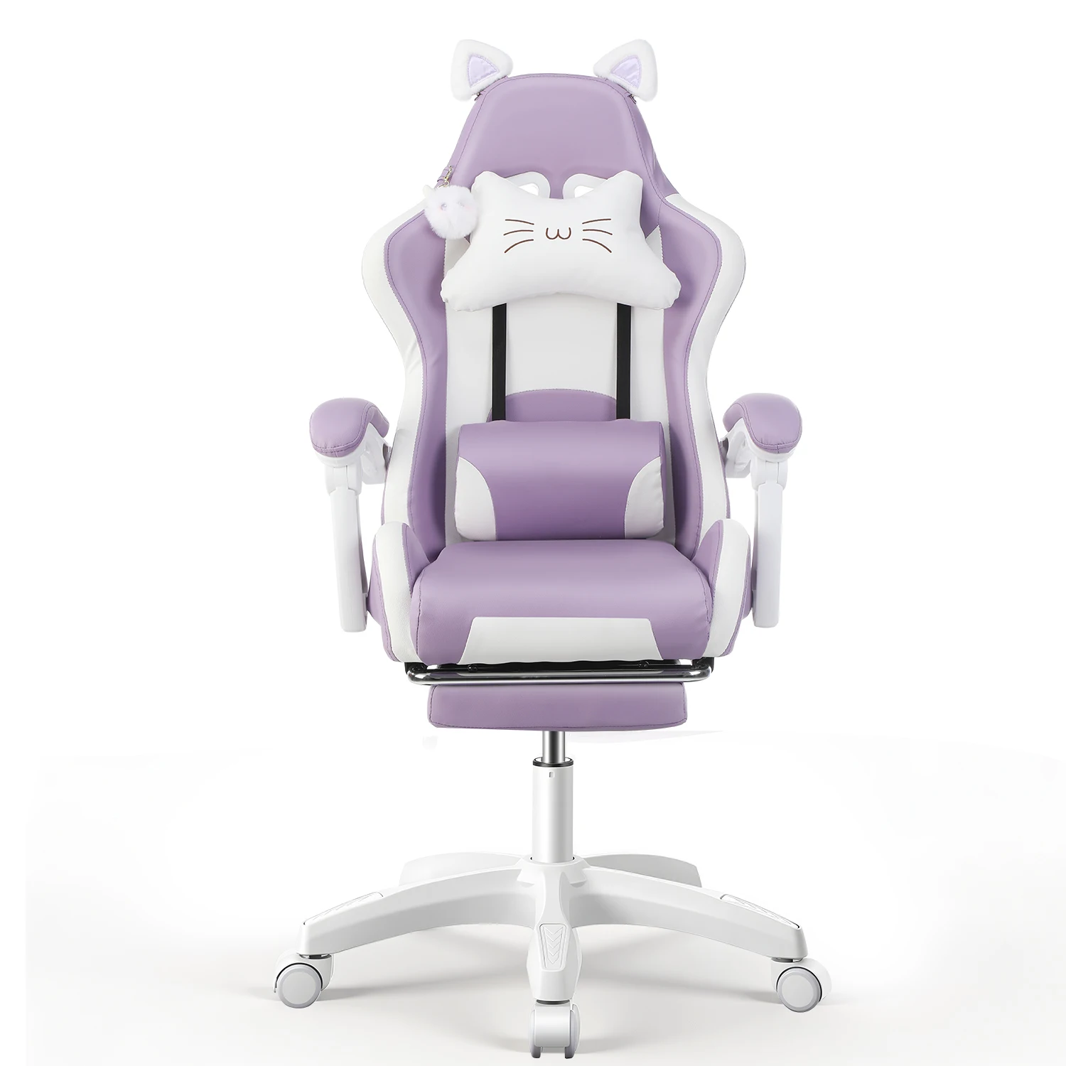 Gamingstoel met kattenoren, computerfauteuil met voetsteun en lendensteun, in hoogte verstelbare gamestoel, 360° ° -Draaistoel