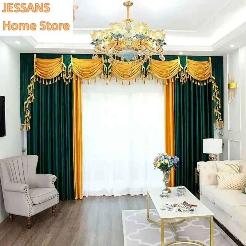 

Customized Size European Style Curtains Solid Color Velvet Splicing Thickened Blackout Fabric Living Room Villa and Valance1pc