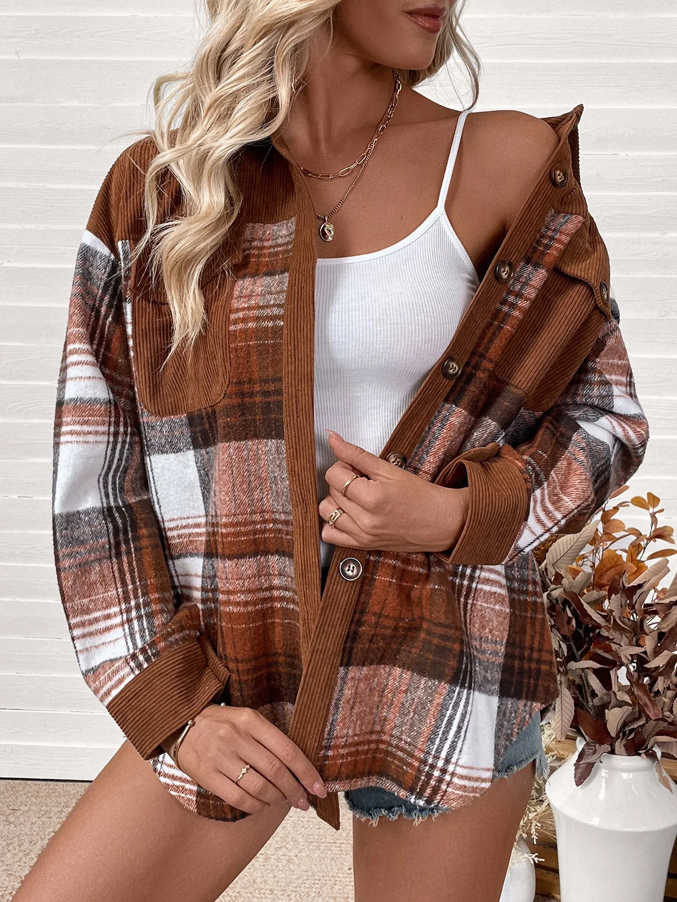 Chaqueta a cuadros marrones pa - Corduroy Button Up Shirt Men reseña y precio