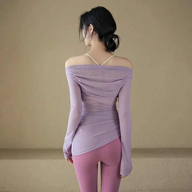 Pueple Mesh See Through Yoga Top Women Elegant Off Shoulder Long Sleeve Drawstring Pullover Fashion Slim Quick Drying Sportswear