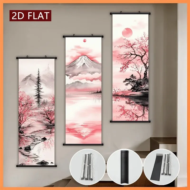 VIKAMA Minimalist Fuji Triptych Hanging Painting Wall Art Scroll Sakura Ink Wash Zen Landscape Aesthetic Canvas Art Print Poster
