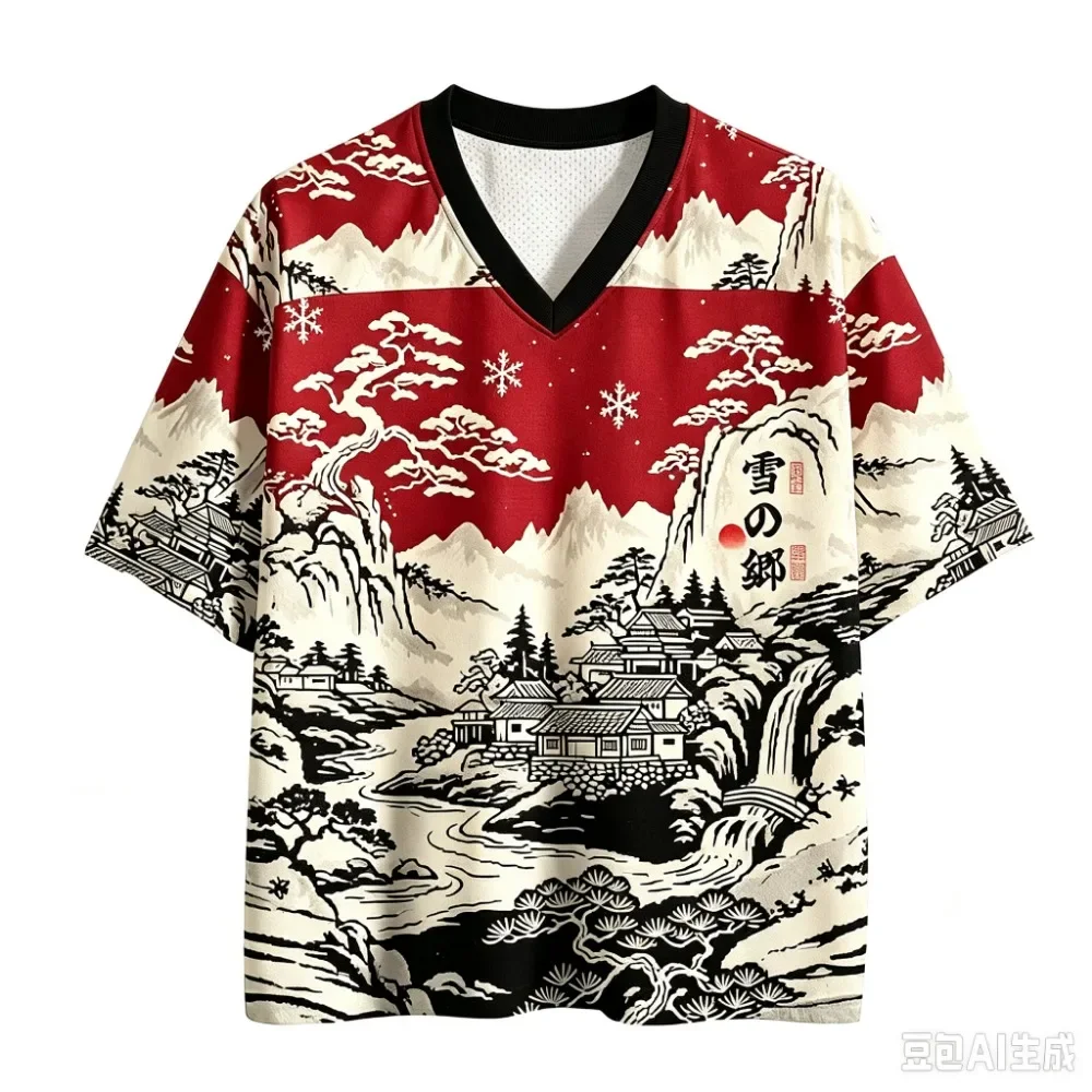 Retro Japanese Ukiyo-e Landscape 3D Printed Casual Street Style Men's Women's V-neck Breathable Loose Large-sized Sports T-shirt