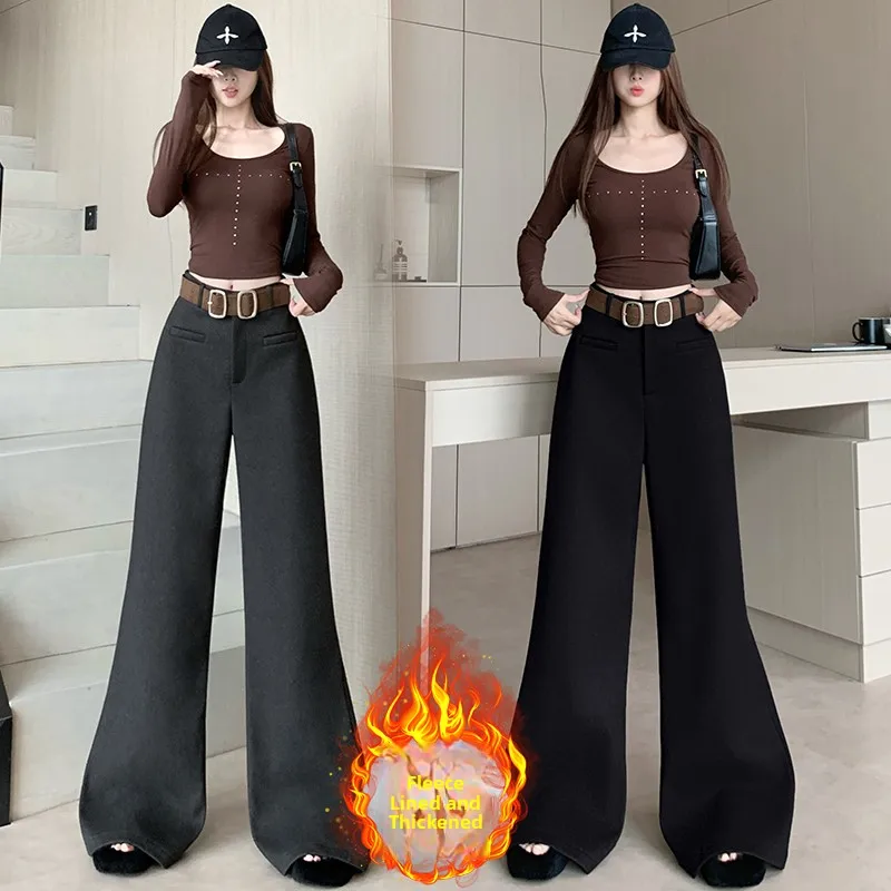 

Ele ey Woolen Fce Lined Wide Leg Pants High Waist Casual Suit Pants Dra Floor Length Korean Sle Spring Faion