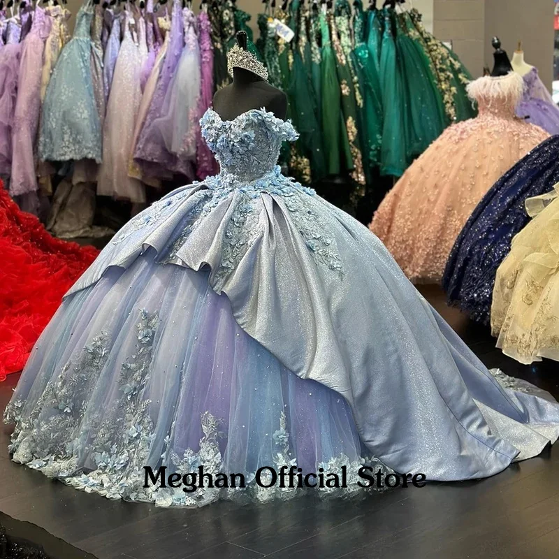 

Princess Ball Gown Quinceanera Dresses for Girl Glitter Tulle Appliques Sweetheart Off the Shoulder Corset Customised