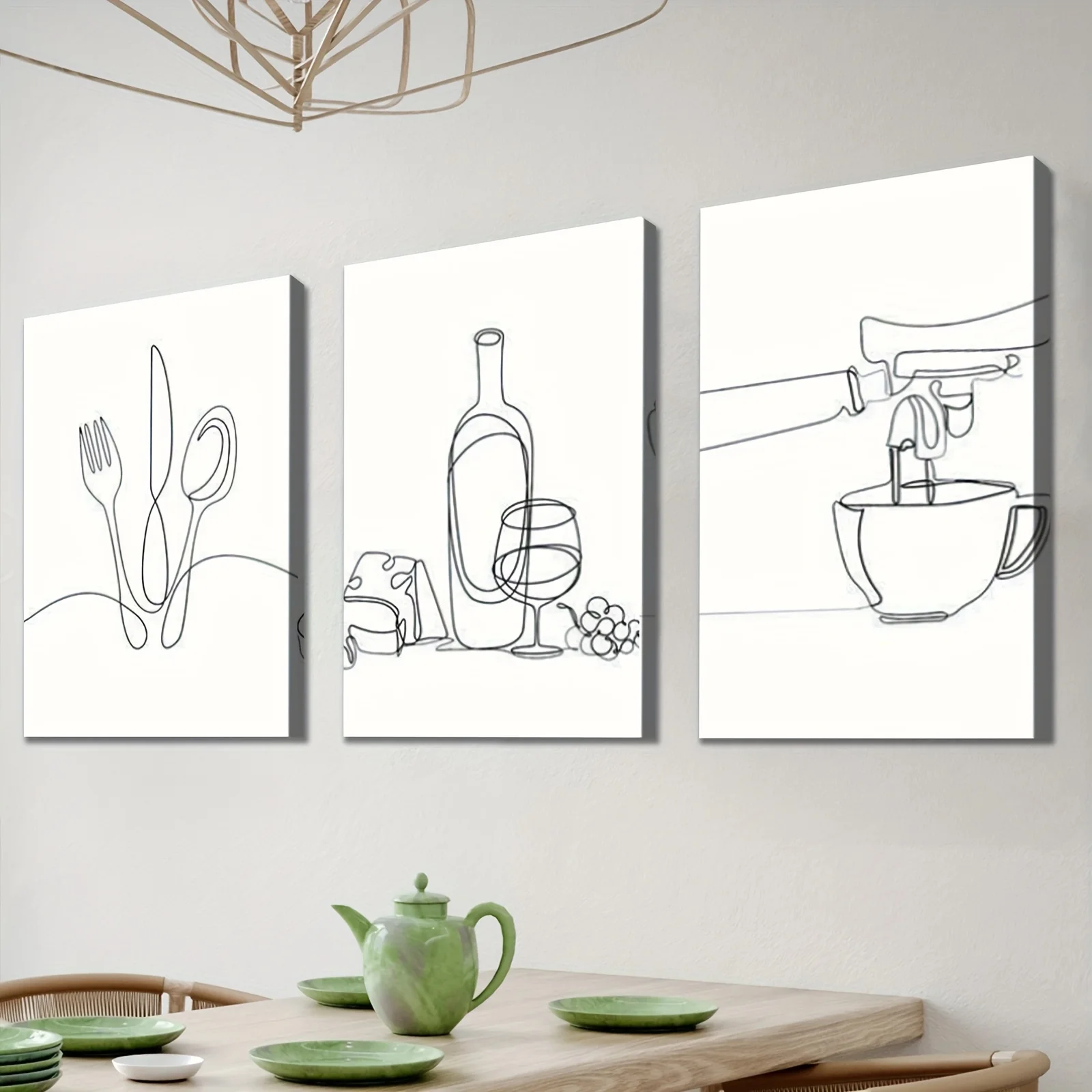 2D Flat, 2D plane 3pcs inset wood canvas paintings Kitchen wall art, cartoon line drawing, simple canvas posterhome decor