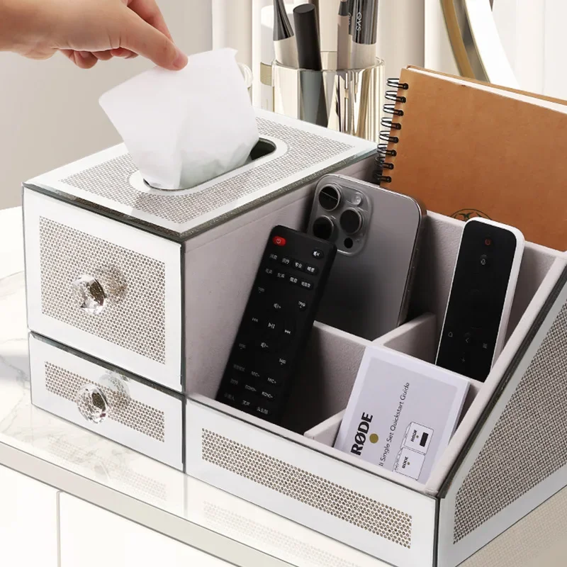 Multi-functional high-end tissue box, mirror cosmetics, light luxury drawer box, living room coffee table, remote control