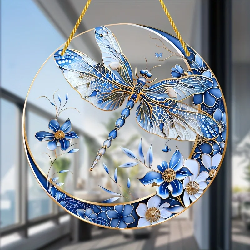 Blue White Porcelain Dragonfly Sun Catcher, Acrylic Garden Decor with Vibrant Colors, Perfect Housewarming Thanksgiving Gift