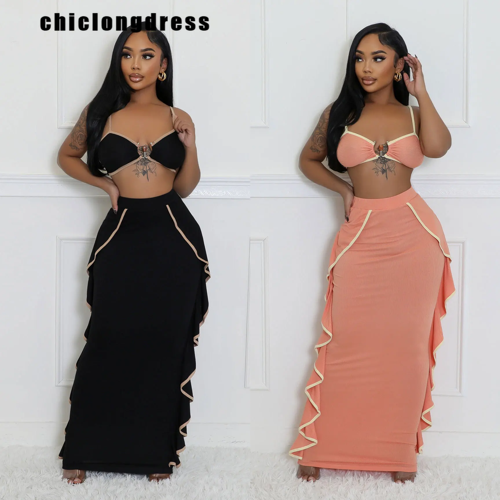 

Летний сексуальный комплект из двух предметов, Женский Повседневный топ, юбка с оборками, комплект из двух предметов для женщин