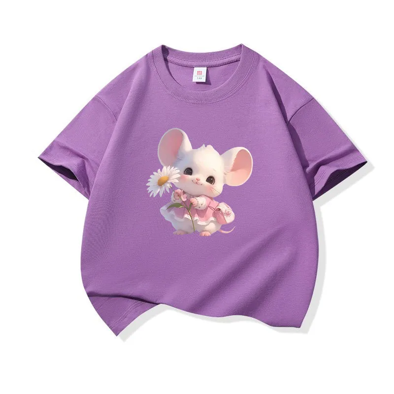 Kids Cotton T Shirt Cute Mouse Holding Daisy Print Crew Neck Short Sleeve Tee Casual Boys Girls Summer Tops