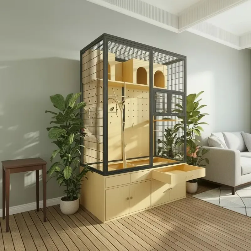 Premium Eco-friendly Wood Bird Cage Combined with Solid Wood Structure, Ideal for Parrots, Macaws and High-end Indoor Pet Spaces
