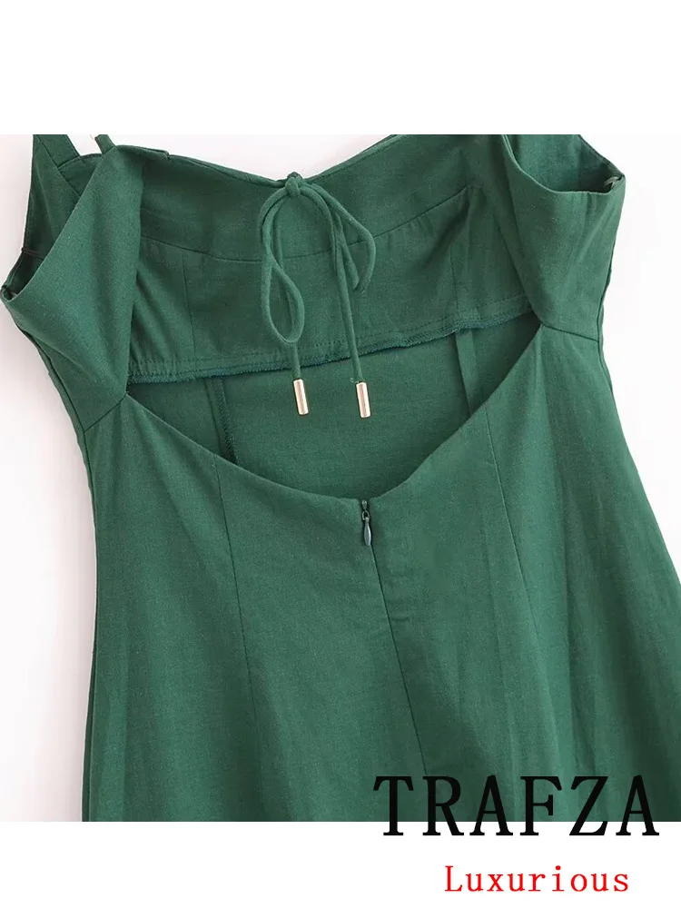 TRAFZA Vintage Casual Chic Women Dress Green SolidCami Backless Side Split Long Straight Dress New Fashion 2024 Summer Dress