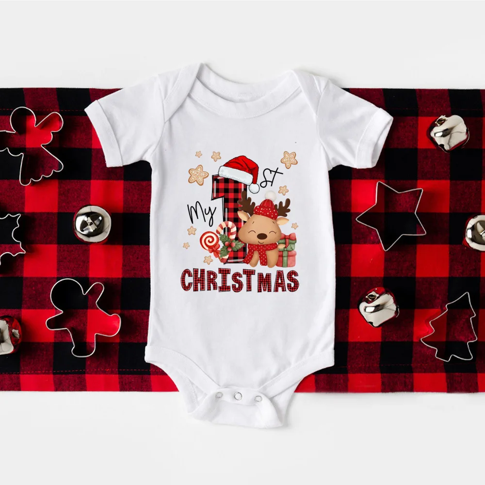 My First Christmas Print Baby Romper, Body de manga corta para recién nacido, traje infantil para fiesta de Navidad, ropa de vacaciones para niños y