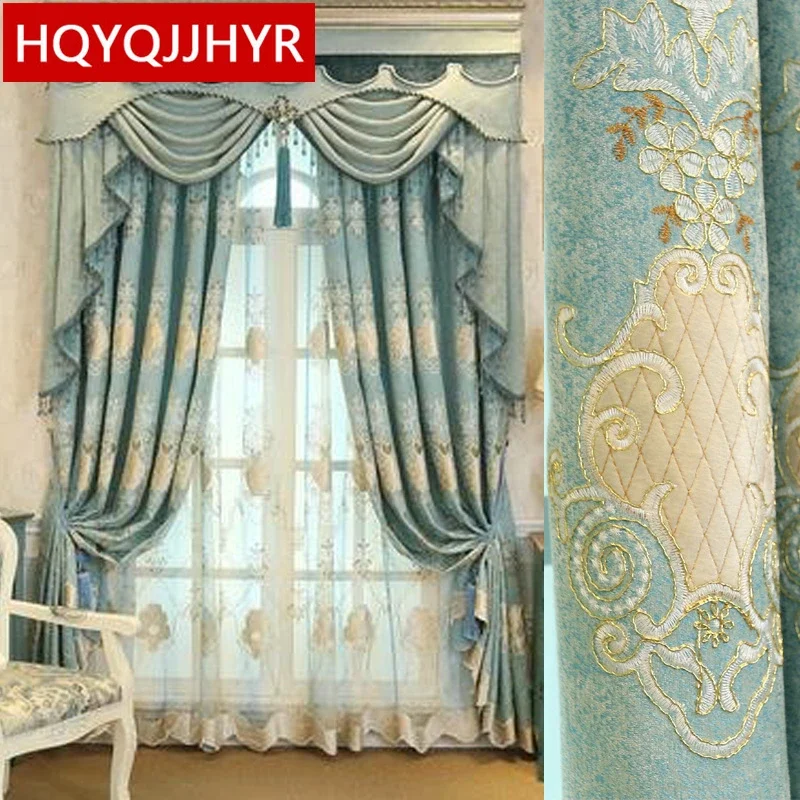 European and American Style Luxury Blue Embroidery Blackout, French Window Curtain, Bedroom Flat Curtains, Living Room, Upscale