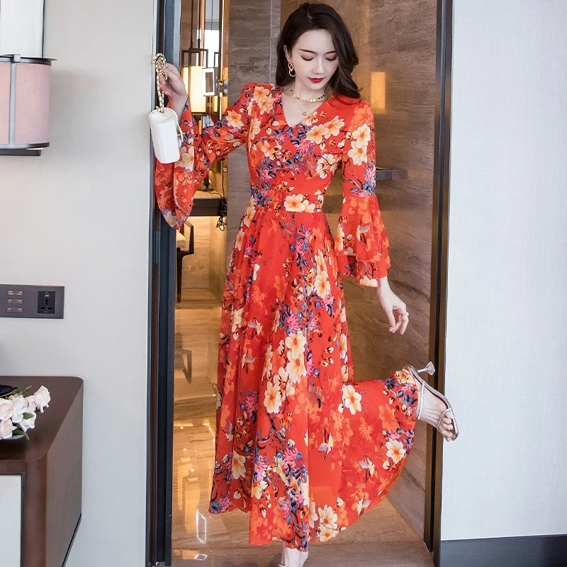 الأزهار طباعة ماكسي الدكتور المرأة الصيف جديد Sle واسعة تنحنح تنورة طويلة غطاء البطن V-Ne عالية الخصر جرس Sve ألف خط ثوب