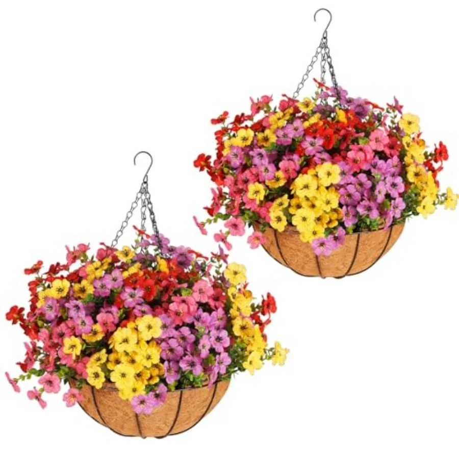 

2 Set Artificial Outdoors Flowers with Hanging Basket, 2 Hanging Fake Flowers w/24 Pcs Flowers, Faux Silk Plants for Spring Sum