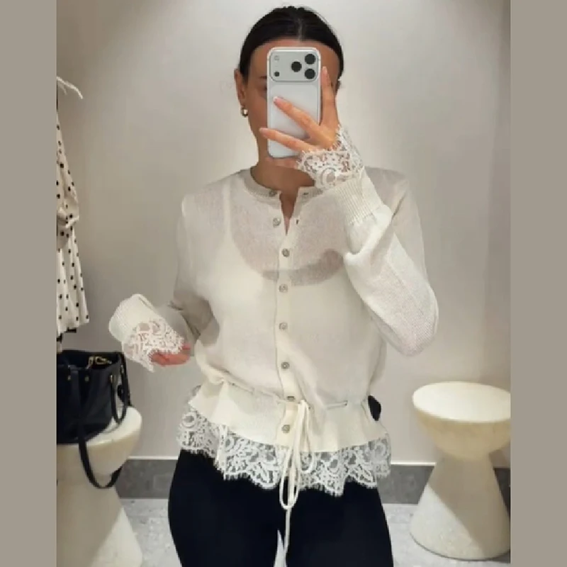 Retro Women Lace Spliced Knit Cardigan Drawstring Waist Cinch Design Button‑front Long Sleeve Soft Knitwear Casual Office Blouse