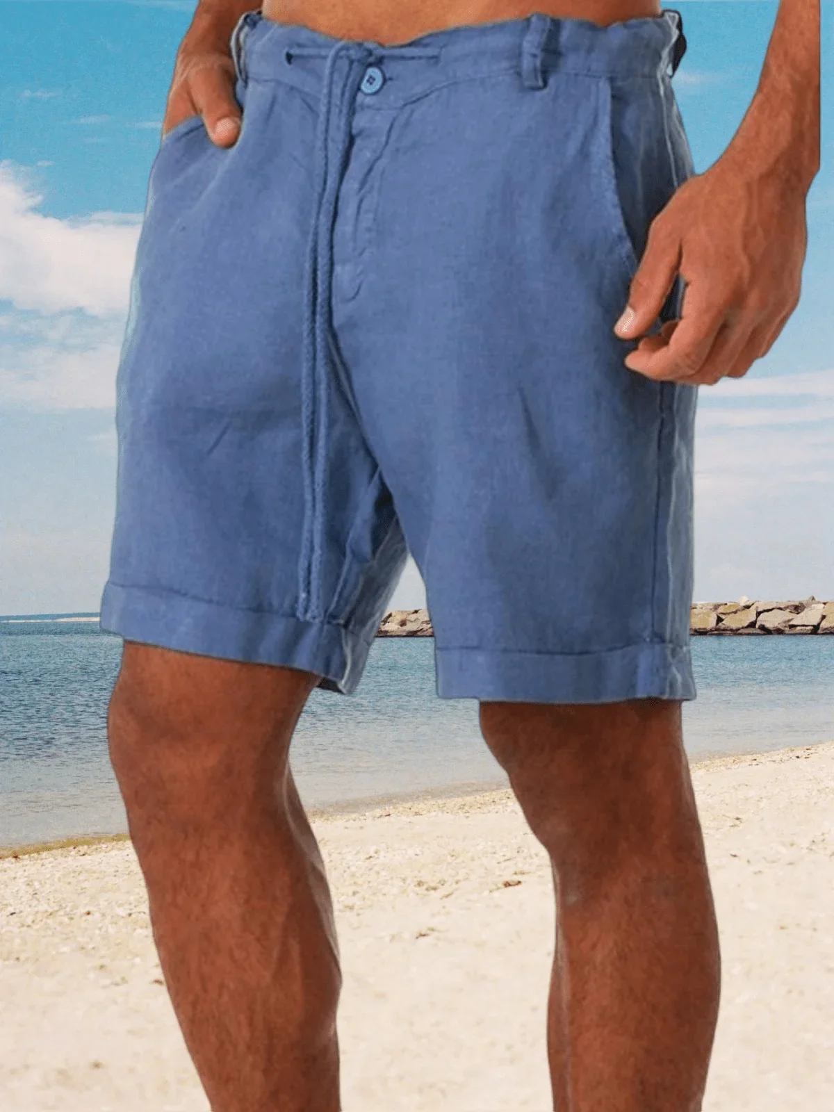 

Mens Linen Casual Shorts Elastic Waist Summer Beach Lightweight Slim Fit With Pockets