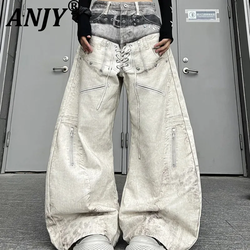 ANJY Spring Autumn New Women 3D Digital Print Double-Waisted Tide Ins Jeans Fashion Streetwear Loose Wide-Leg Denim Pants A22531