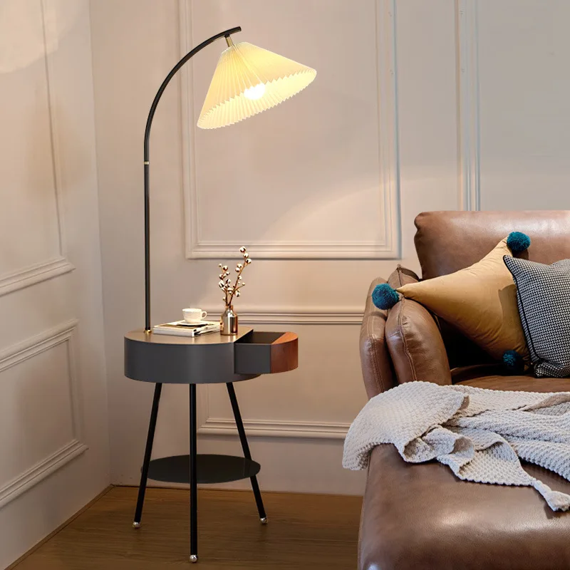 Nordic living room pleated floor light with coffee table rack mobile phone wireless charging bedroom bedside floor reading light