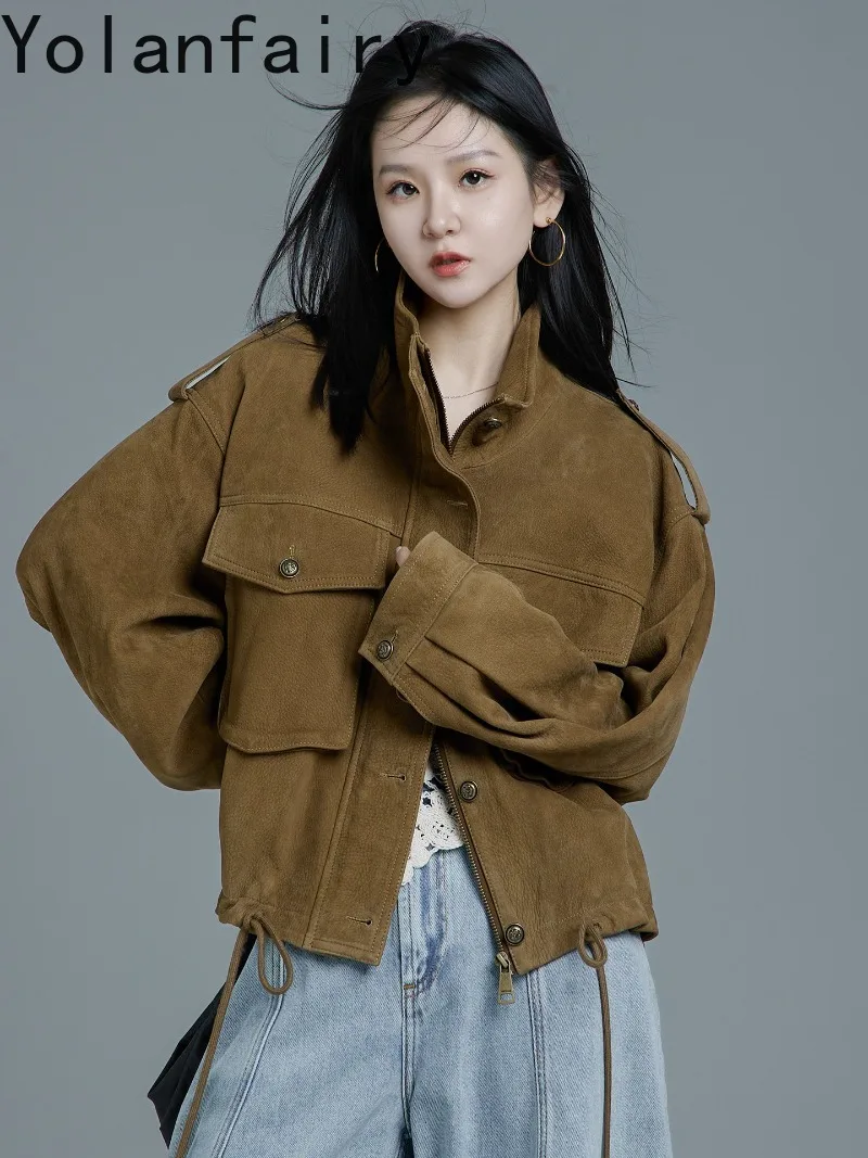 YOLANFAIRY High-end Women Genuine Goat Full Grain Napped Leather Jacket Real Sheepskin Coat Short Stand Collar Casual Outerwear