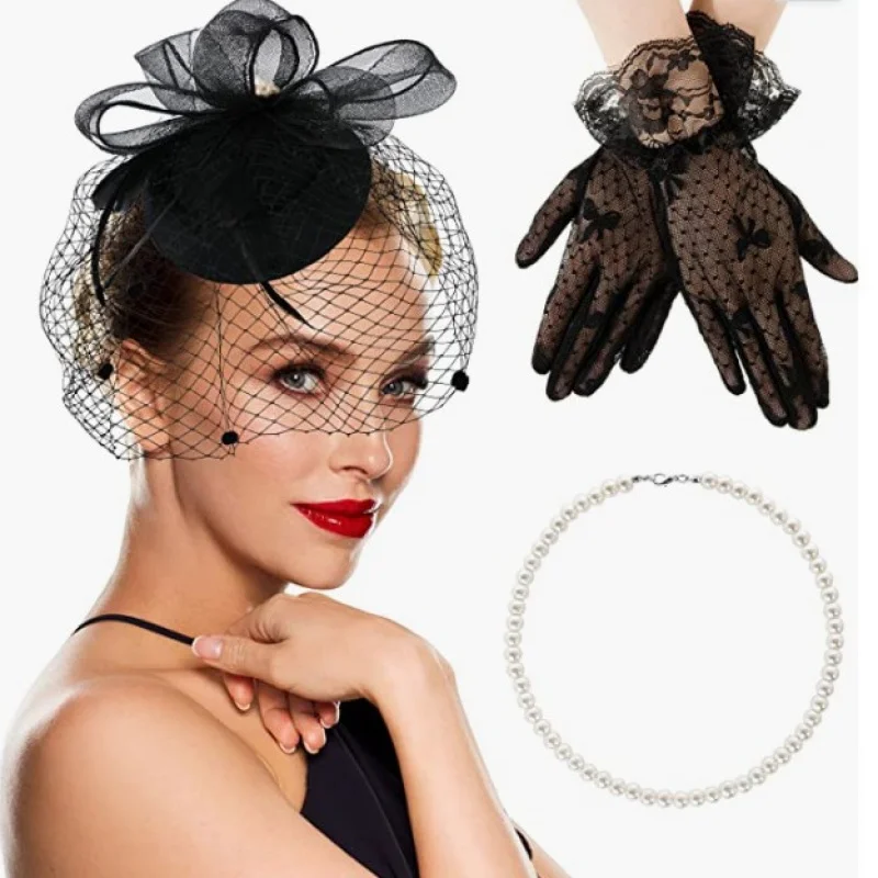 

Vintage Veil Headpiece Mesh Small Hat Feather Hair Accessory Stage Performance Evening Hair Ornament Cheongsam Accessory