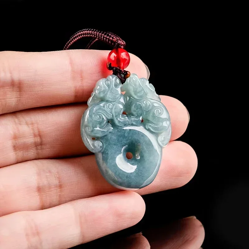 

Natural Jadeite Blue Water Double PiXiu Peace Buckle Pendant Hand-carved Luxury Charm Men and Women Jade Necklace Lucky Amulet