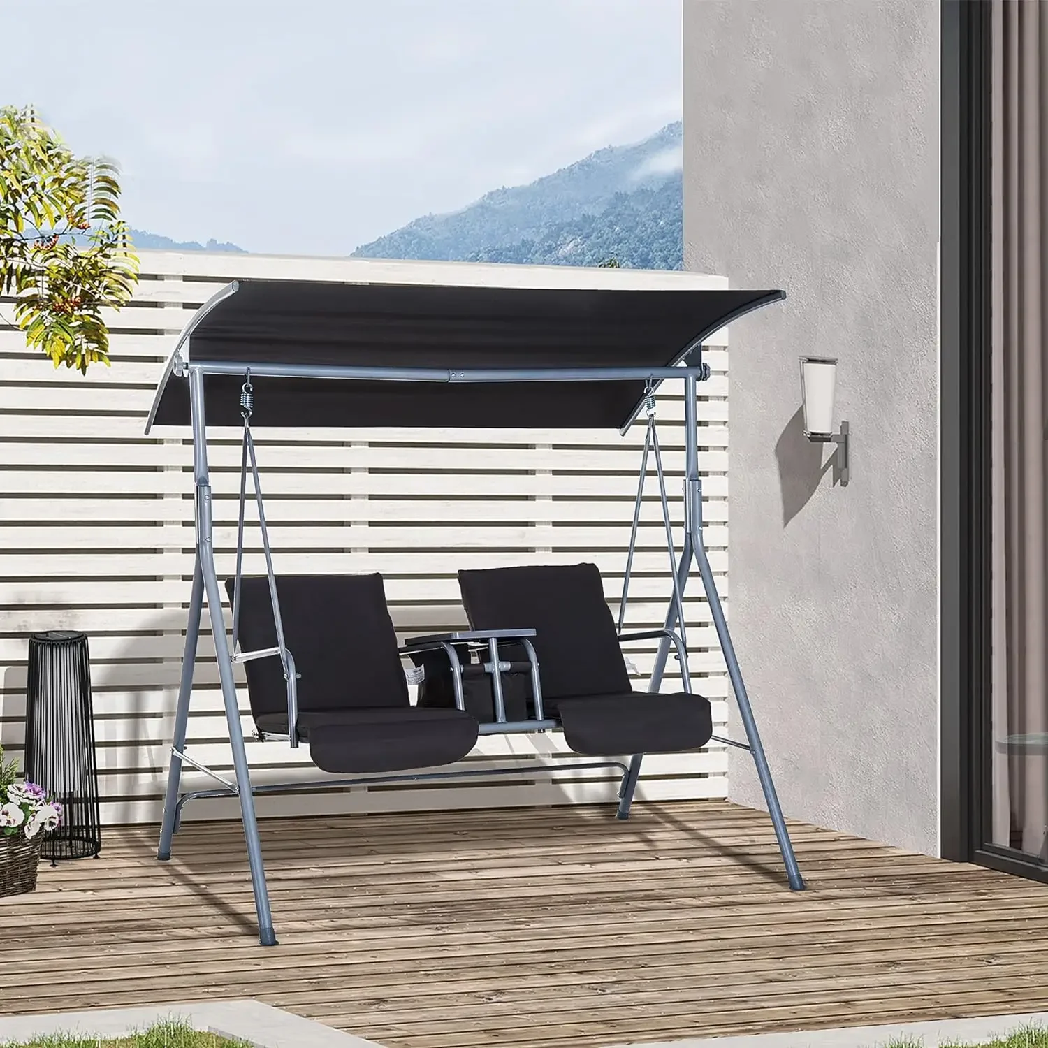 2 Person Porch Swing with Stand, Outdoor Swing with Canopy, Pivot Storage Table, 2 Cup Holders, Cushions for Patio, Backyard