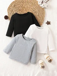 3-piece Autumn/Winter Baby Girls Warm Soft and Comfortable Base T-shirt Boys Casual Solid Color Long Sleeve Jumper Set