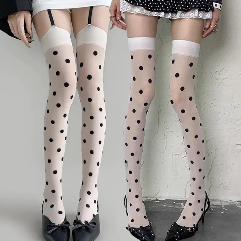 

Новые Y2K корейские чулки на подтяжках в горошек, женские сексуальные бархатные колготки с широкими полосками на подтяжках, тонкие чулки до бедра в стиле Лолиты